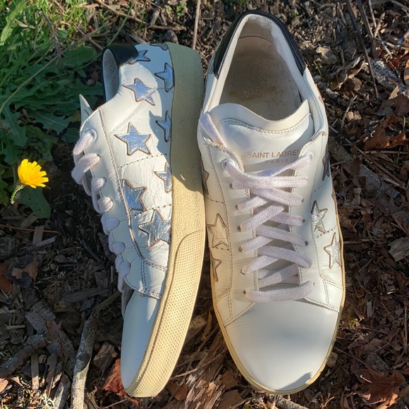 Saint Laurent Paris bright white silver star navy Sneakers Sz 42 1/2 designer - Picture 10 of 17